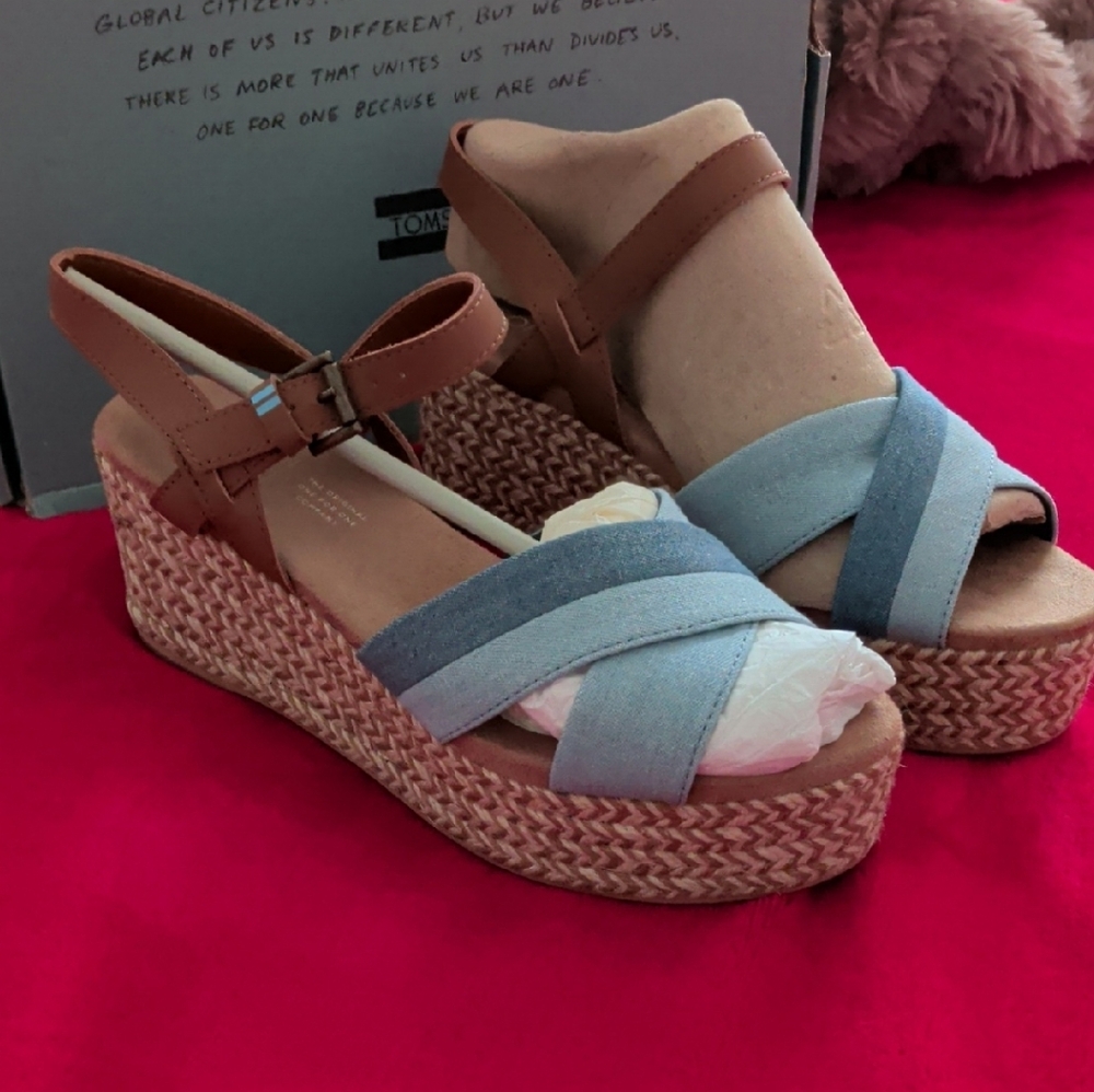TOMS Blue and Brown Wedge Sandals